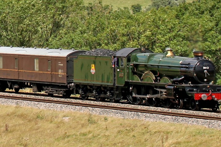 a train traveling through a lush green field