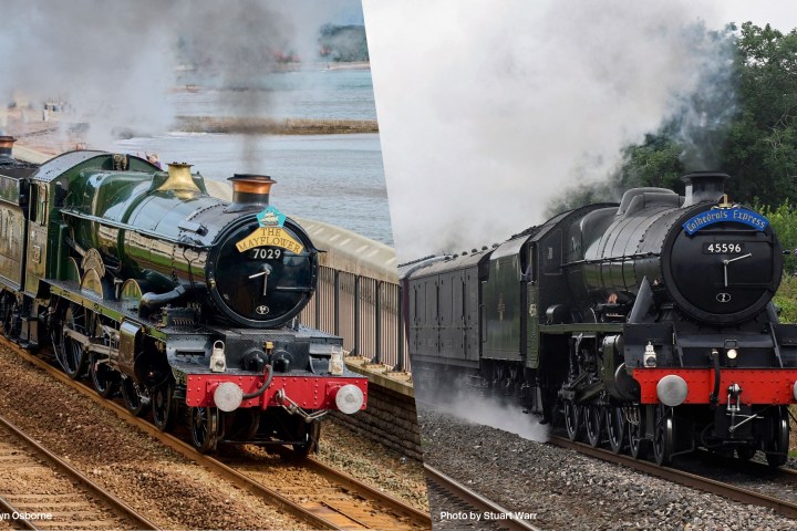 Split image of two steam trains on tracks with trees and water in the background.