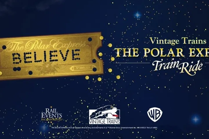 Polar Express ticket and logos for a train ride event on a starry background.