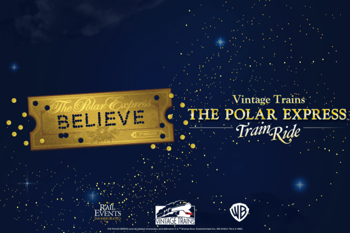 Golden ticket with 'Believe' and 'The Polar Express Train Ride' on a starry night background.