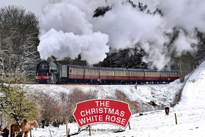 Steam train travels through snowy landscape, with a sign reading 'The Christmas White Rose.'