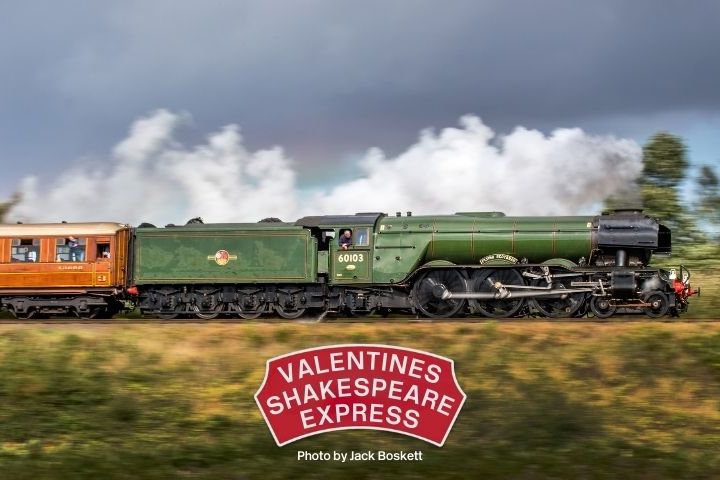 Steam locomotive pulling vintage train cars with steam rising, labeled 'Valentines Shakespeare Express'.