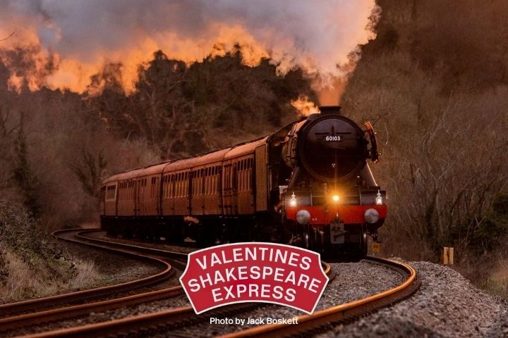Steam train on tracks with smoke, surrounded by trees, 'Valentines Shakespeare Express' text overlay.