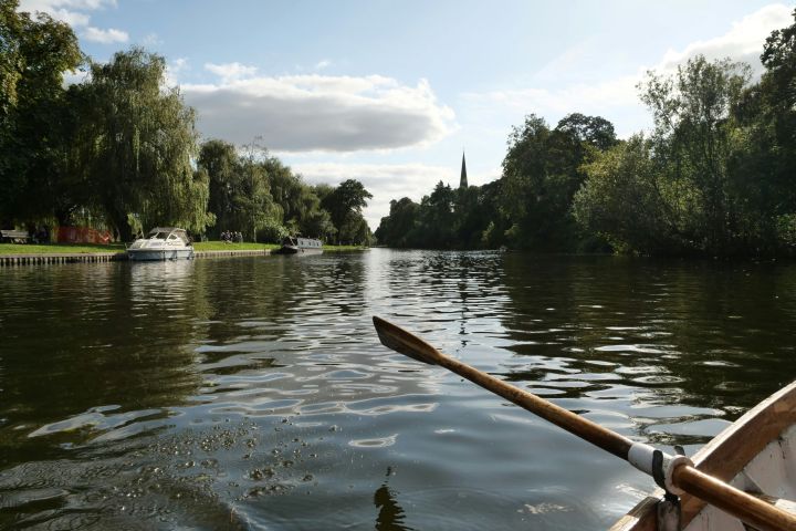 Rowboat paddle on river with trees and clouds in background.
